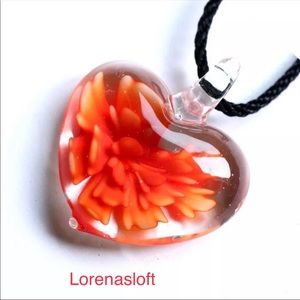 Handblown Glass Orange Flower Heart Pendant